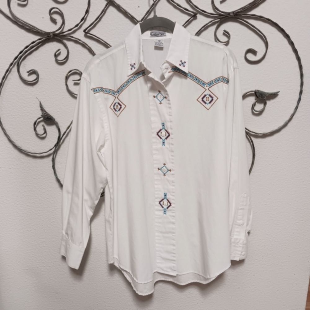 Embroidered cotton blend white button down Southwest style shirt, M